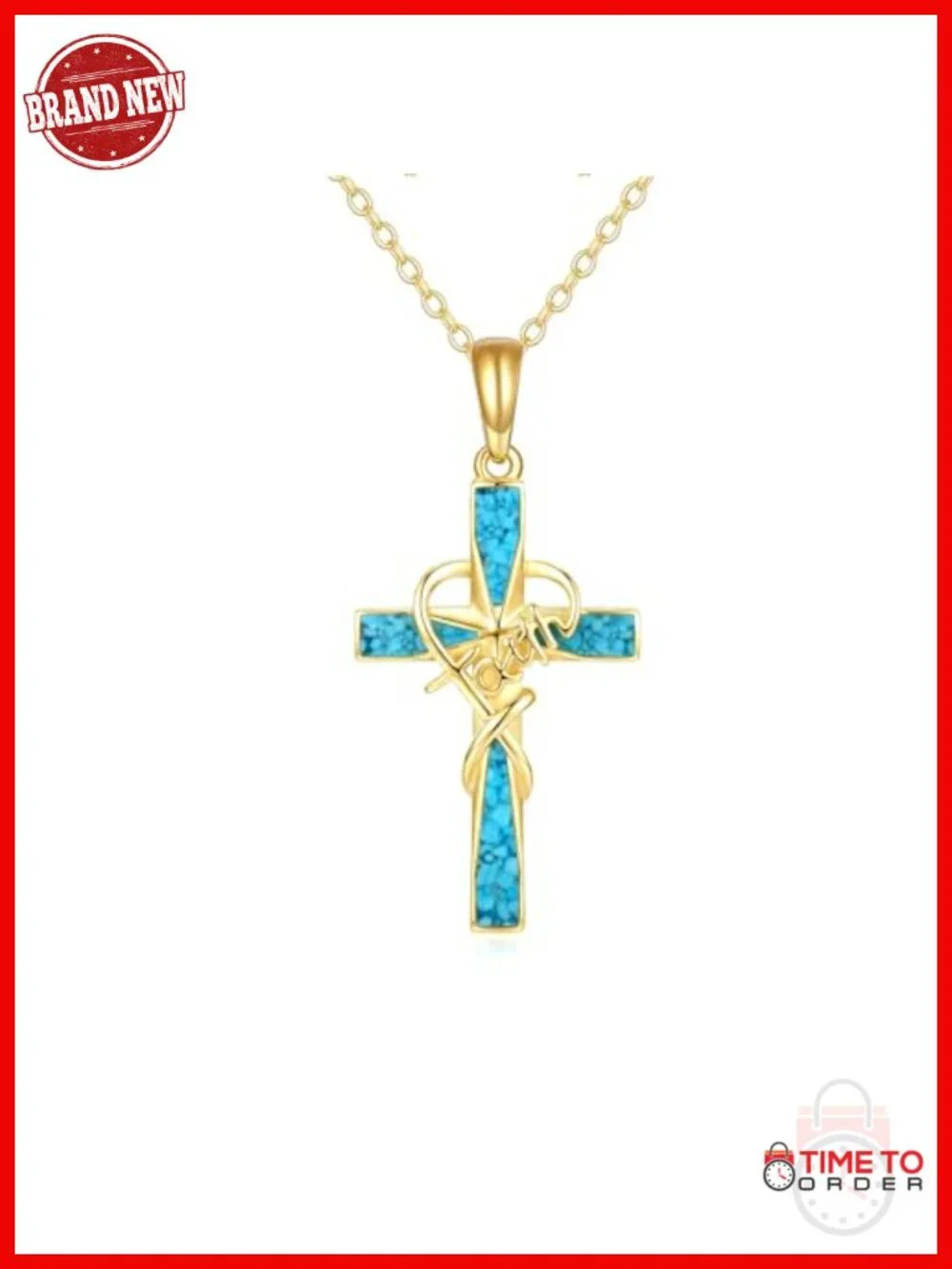 14K Solid Gold Cross Pendant Necklace with Turquoise Faith Jewelry